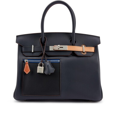 View full screen - View 1 of Lot 5524. Limited Edition Bleu Marine, Black, Chai, Gold and Etoupe Swift Colormatic Birkin 30 Palladium Hardware, 2022.