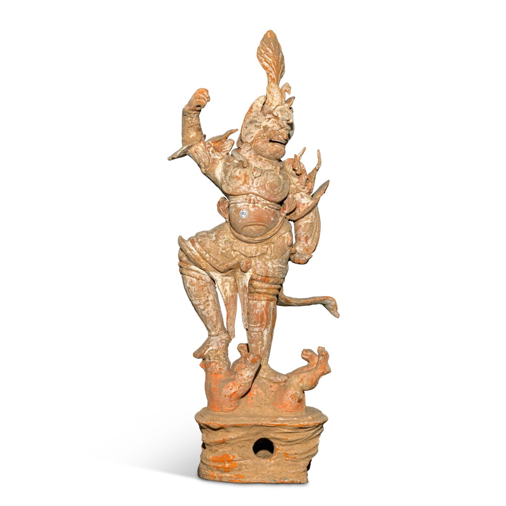 View full screen - View 1 of Lot 10. A painted pottery figure of a lokapala, Tang dynasty.
