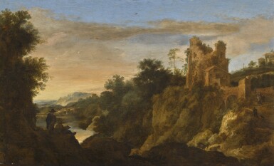View full screen - View 1 of Lot 45. PIETER DE MOLIJN | Italianate mountain landscape at sunset with a draughtsman, a ruined building beyond.