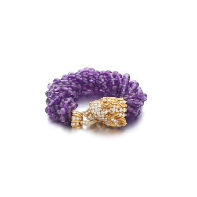 View full screen - View 1 of Lot 705. Amethyst, emerald and diamond bracelet, circa 1971.