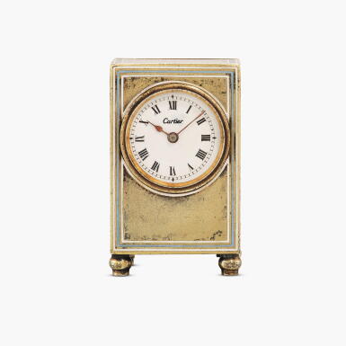 View full screen - View 1 of Lot 2248. London retailed | Mignonette | A silver-gilt and enamel 8-day miniature travelling clock with original Cartier London presentation case, Circa 1911.