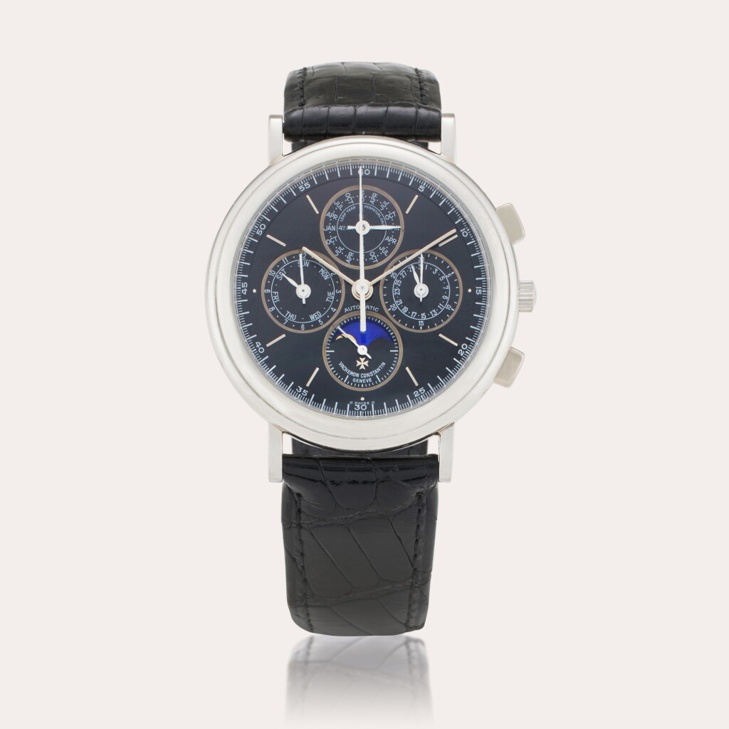 View full screen - View 1 of Lot 17. Reference 49005/000P-7632 Patrimony 'Specially Made for Asprey' | A platinum automatic perpetual calendar chronograph wristwatch with leap year indication and moon phases, Made in 1992.