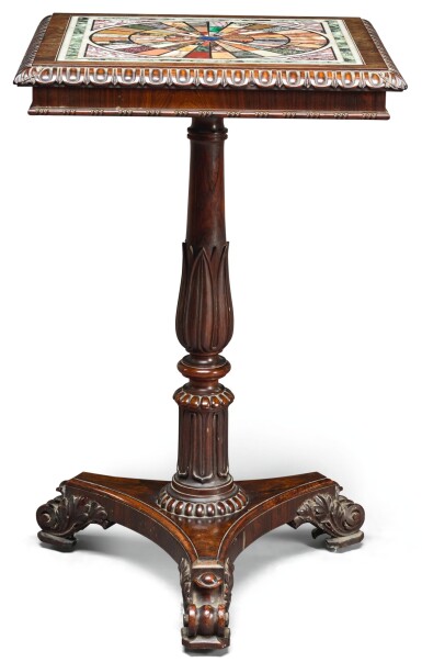 View full screen - View 1 of Lot 115. A GEORGE IV ROSEWOOD TABLE WITH SPECIMEN MARBLE TOP, CIRCA 1820, THE FRAME ATTRIBUTED TO GILLOWS.
