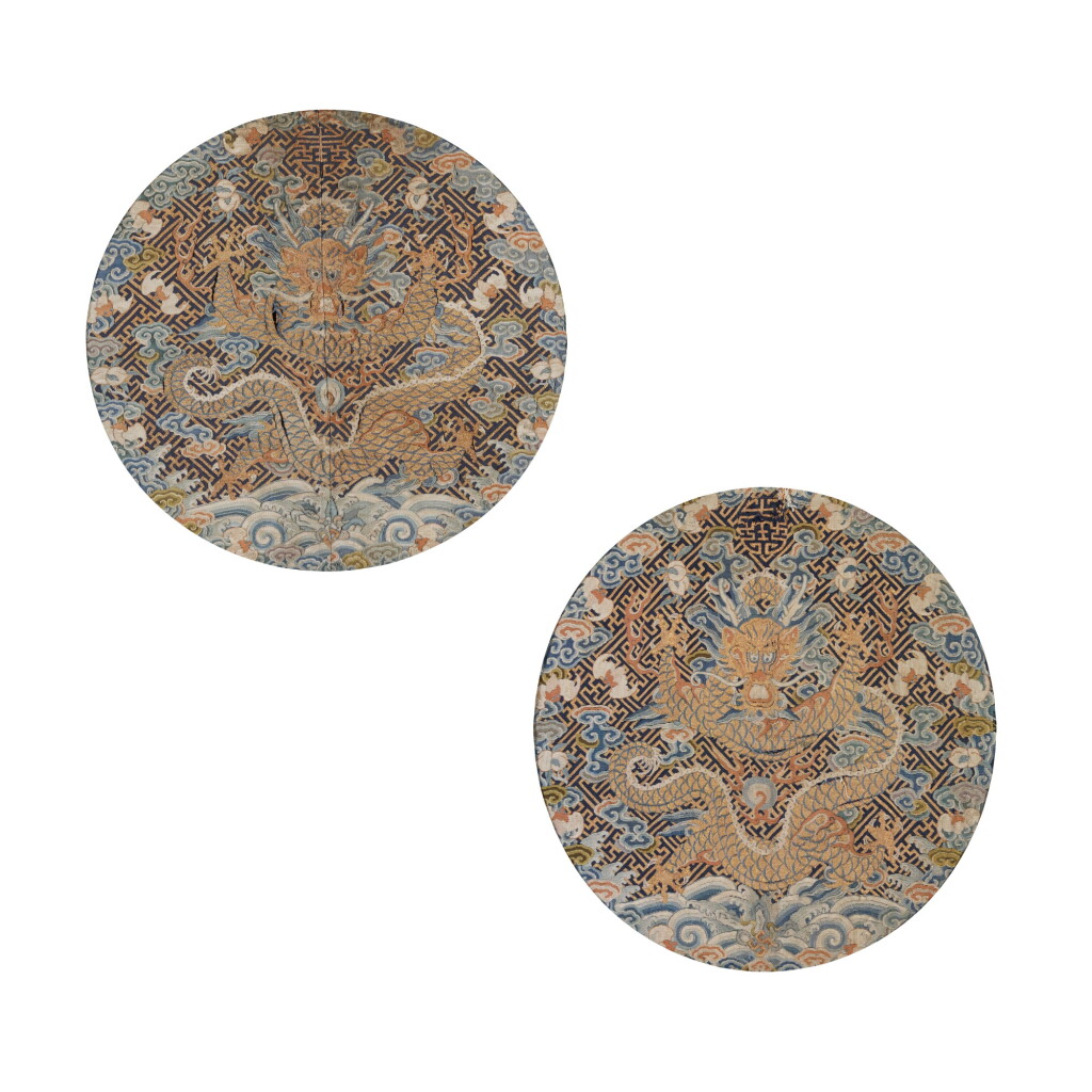 View full screen - View 1 of Lot 42. A pair of Kesi 'dragon' roundels, Qing dynasty, Yongzheng period | 清雍正 緙絲雲龍戲珠紋補子一對.