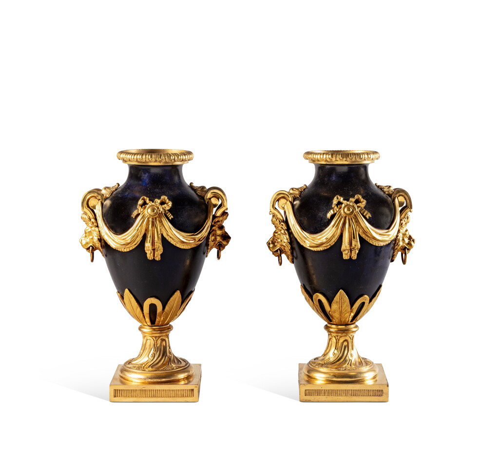 View full screen - View 1 of Lot 119. A pair of Louis XVI style gilt and painted bronze vases, 19th century.
