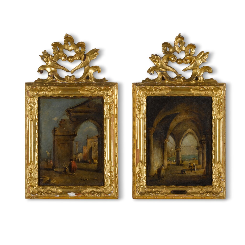 View full screen - View 1 of Lot 118. A capriccio of a ruined arch with a man in a red coat; and The arcade of the Doge's Palace, with figures.