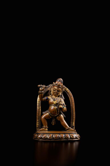 View full screen - View 1 of Lot 355. A hardstone-inlaid copper alloy figure of Khroda Vajrapani, Tibet, circa 13th century.