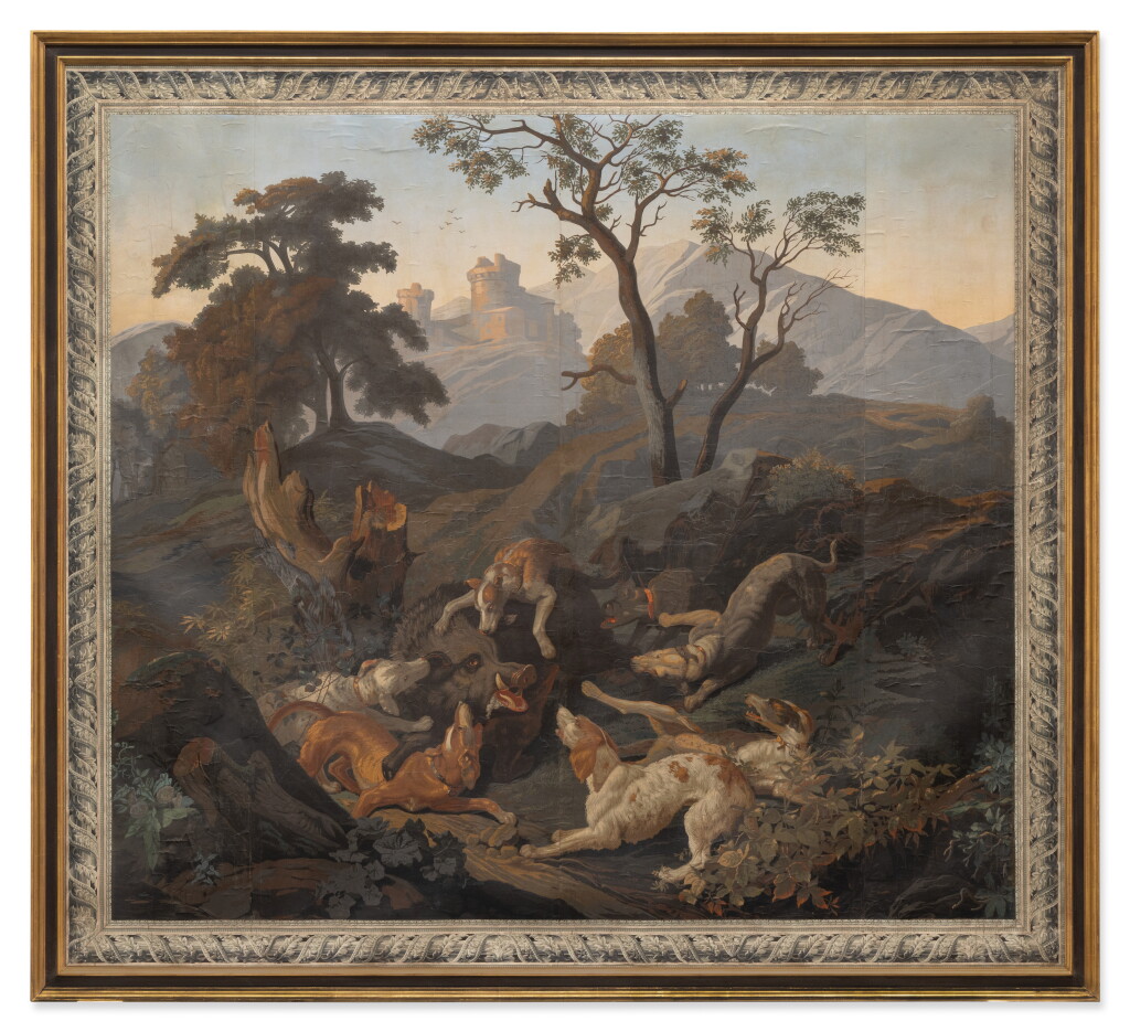 View full screen - View 1 of Lot 307. A Tapestry Cartouche of a Hunt Scene after JB Oudry by Delacourt, Circa 1725-1730.