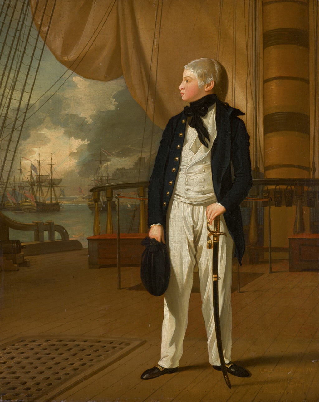 View full screen - View 1 of Lot 48. Portrait of Prince William, later King William IV of Great Britain (1765–1837), when a midshipman, in naval uniform standing on the deck of HMS Prince George | 《身穿海軍服、站在威爾斯親王號戰艦上、時為見習船員的威廉王子肖像,後為英王威廉四世(1765–1837年)》.