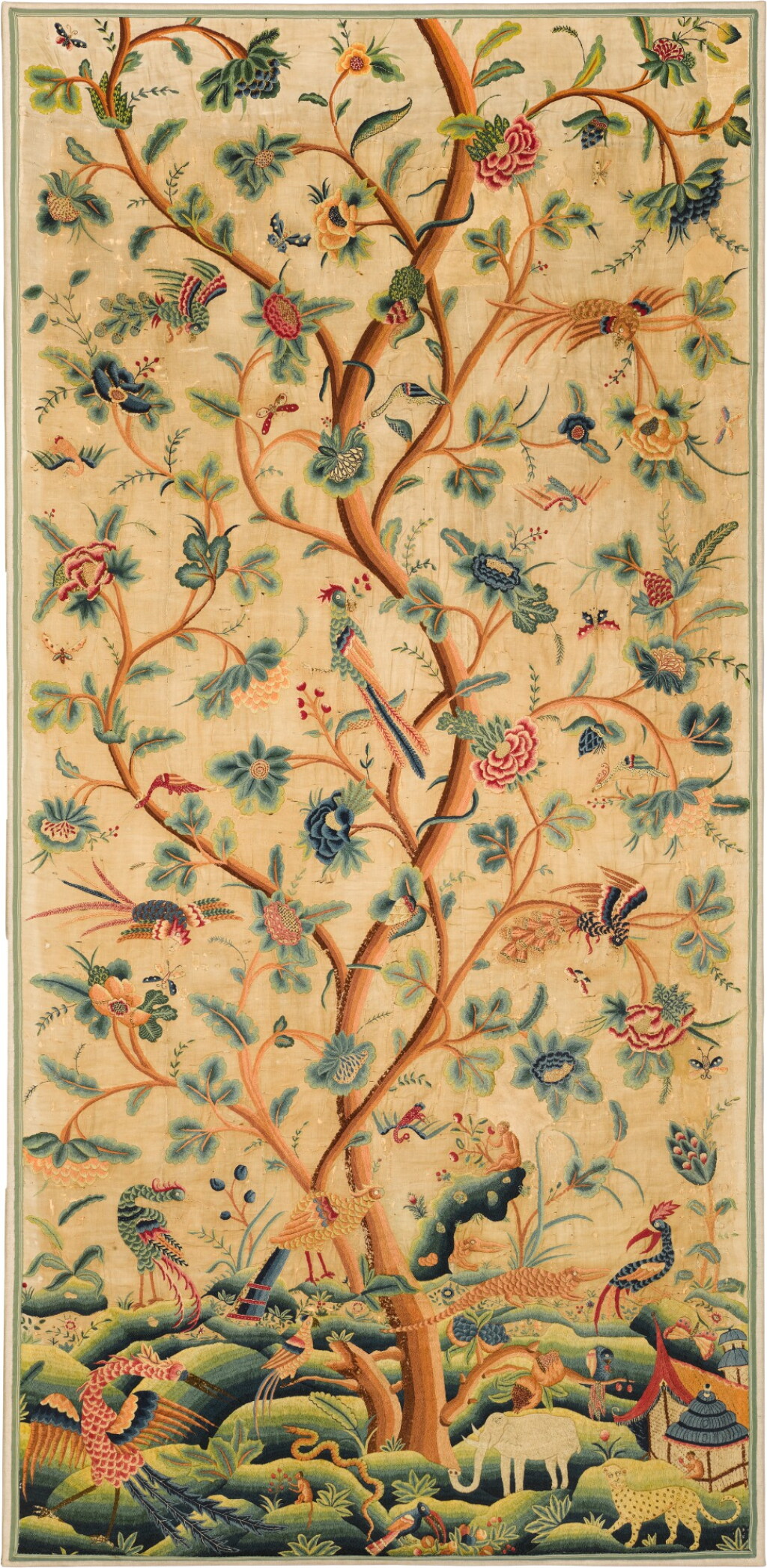 View full screen - View 1 of Lot 5. Tree of Life, An embroidered crewel work panel, probably hanging from a tester bed, English, late 17th/early 18th century.