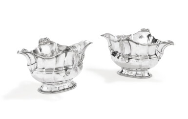 View full screen - View 1 of Lot 395. A pair of Belgian silver sauce tureens, spurious marks for Mons 18th century, probably late19th century | Paire de saucières en argent, poinçons apocryphes pour Mons XVIIIe siècle, probablement fin du XIXe siècle.