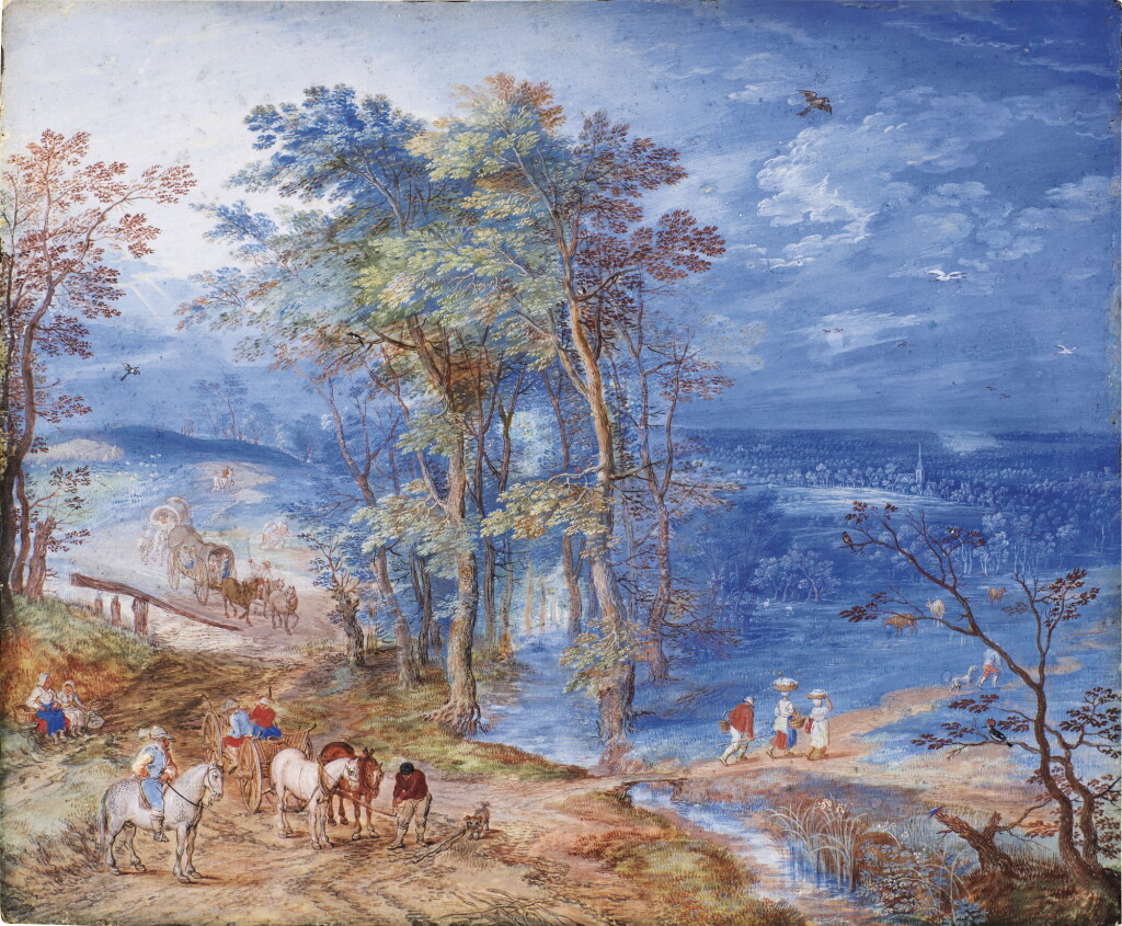 View full screen - View 1 of Lot 18. Panoramic landscape with Travellers and Wagons on a Road, a town in the distance .