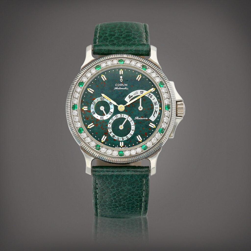 View full screen - View 1 of Lot 953. Reference 73.109.79 | A platinum, diamond and emerald-set wristwatch with date, power reserve indication, bloodstone and mother-of-pearl dial, Circa 1995 | 崑崙 | 型號73.109.79 | 鉑金鑲鑽石及綠寶石腕錶,備日期、動力儲備顯示及血石及珠母貝錶盤,約1995年製.