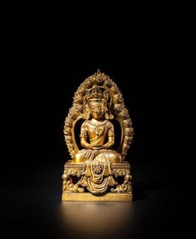View full screen - View 1 of Lot 12. A gilt-bronze figure of Amitayus, Mark and period of Qianlong, dated gengyin year, corresponding to 1770 | 清乾隆庚寅年(1770年) 鎏金銅無量壽佛坐像 《大清乾隆庚寅年敬造》款.