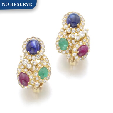 View full screen - View 1 of Lot 61. PAIR OF GEM SET AND DIAMOND EARRINGS.