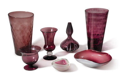 View full screen - View 1 of Lot 55. ARTIST UNKNOWN | GROUP OF SEVEN PINK GLASS OBJECTS.