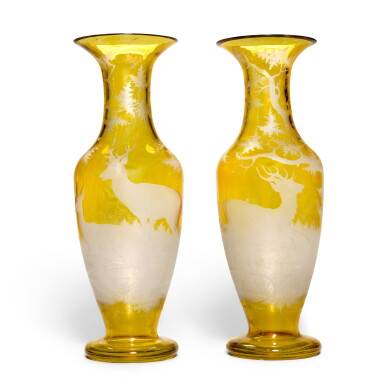 View full screen - View 1 of Lot 127. A pair of Bohemian pale amber-stained and engraved tall glass ovoid vases, late 19th century.