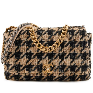 View full screen - View 1 of Lot 156. Beige, Black and Metallic Houndstooth Tweed Quilted Maxi 19 Flap Aged Gold and Ruthenium Hardware, 2019.