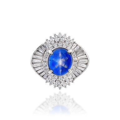 View full screen - View 1 of Lot 590. Star Sapphire and Diamond Ring | 8.10克拉 天然「斯里蘭卡」未經加熱星光藍寶石 配 鑽石 戒指.