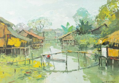 View full screen - View 1 of Lot 4. Le Minh (b. 1937), Village scene in the surroundings of Saigon | 黎明 (1937年生), 西貢水上村莊.
