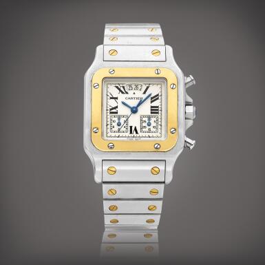 View full screen - View 1 of Lot 8667. Santos, Reference 2425 | A yellow gold and stainless steel chronograph wristwatch with date and bracelet, Circa 1998 | 卡地亞 | Santos 型號2425 | 黃金及精鋼計時鏈帶腕錶,備日期顯示,約1998年製.