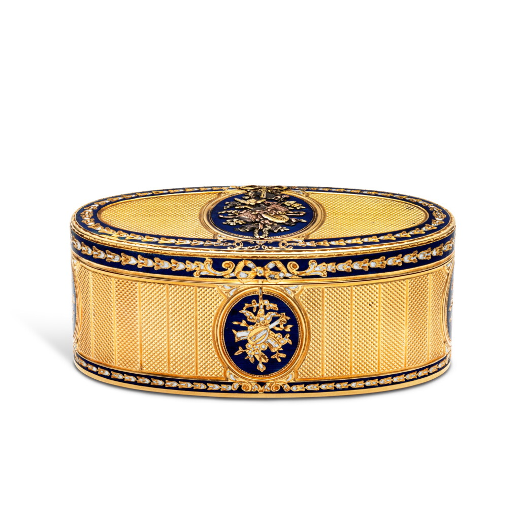 View full screen - View 1 of Lot 87. A German Vari-Color Gold and Enameled Oval Snuff Box, Probably Hanau, Circa 1775.