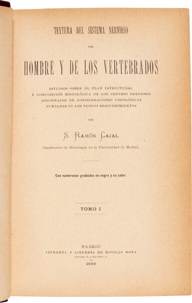 View full screen - View 1 of Lot 46. Ramon y Cajal | Textura del sistema nervioso, Madrid, 1899-1904, 2 volumes, half calf.