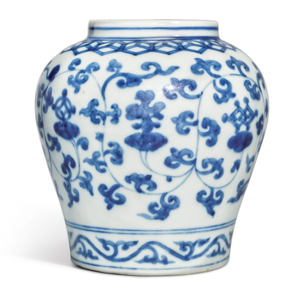View full screen - View 1 of Lot 516. AN UNUSUAL BLUE AND WHITE 'LINGZHI AND BABAO' JAR, JIAJING MARK AND PERIOD .