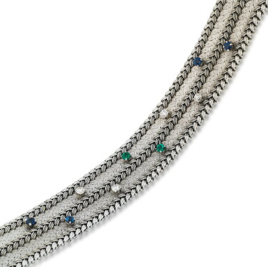 View full screen - View 1 of Lot 52. Bracelet saphirs, émeraudes et diamants | Sapphire, emerald and diamond bracelet.