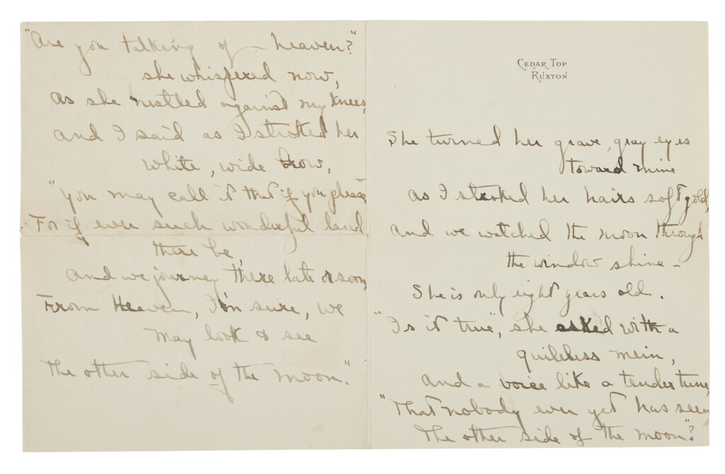 View full screen - View 1 of Lot 1058. Fitzgerald, F. Scott | An autograph manuscript fair copy of Edgar Fawcett’s “The Other Side of the Moon,” written for his nurse, Carma Kaufman Freeman.