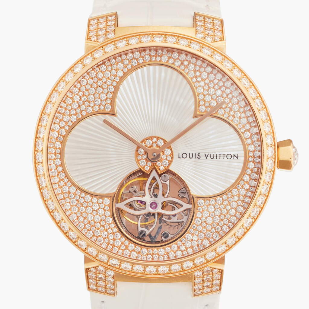 View full screen - View 1 of Lot 93. Reference Q1EB8 Tambour Monogram Sun Tourbillon | A pink gold and diamond-set automatic tourbillon wristwatch with mother-of-pearl dial, Circa 2015.
