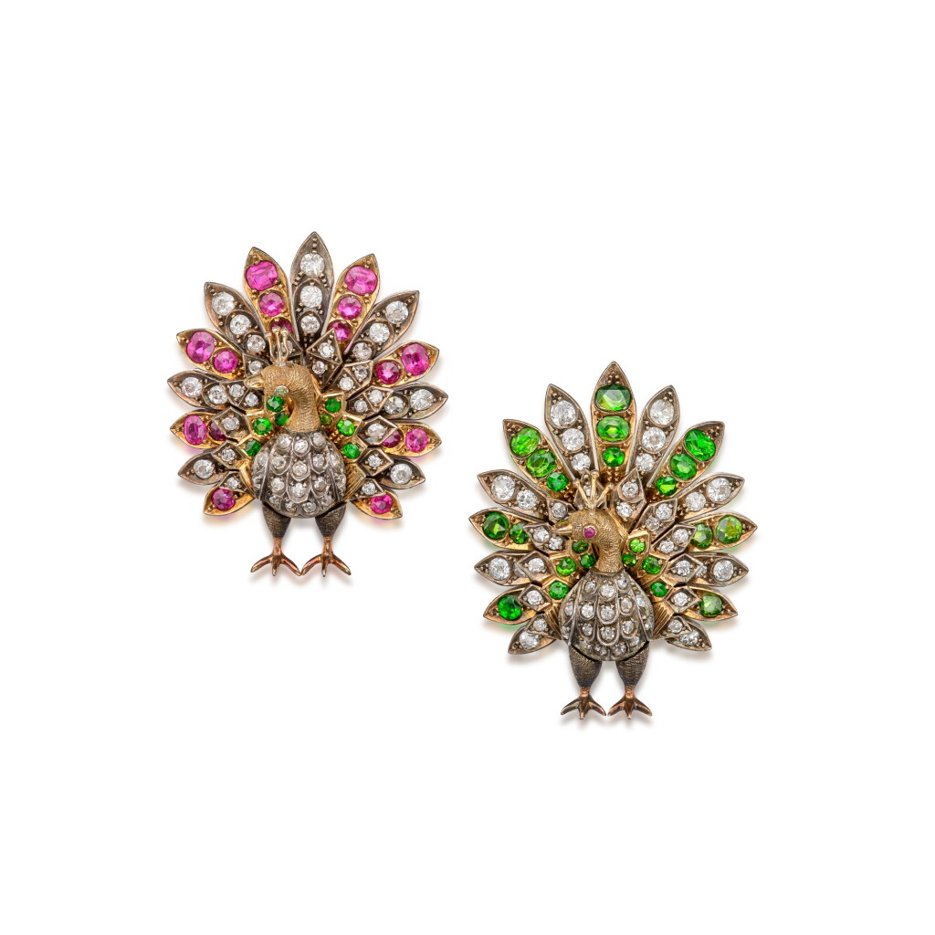 View full screen - View 1 of Lot 151. Two Silver-Topped Gold, Ruby, Demantoid Garnet and Diamond Pendant-Brooches.