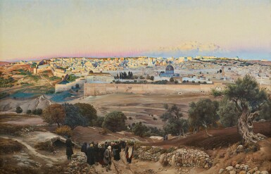 View full screen - View 1 of Lot 68. GUSTAV BAUERNFEIND | JERUSALEM, FROM THE MOUNT OF OLIVES AT SUNRISE.