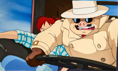 View full screen - View 1 of Lot 4. Porco Rosso Driving with Fio Animation Cels With Hand-painted Original Background | 在駕駛的紅豬和菲奥賽璐璐,附手繪原裝背景.