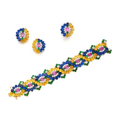 View full screen - View 1 of Lot 353. Suite of Multi-Colored Sapphire, Emerald and Diamond Jewels.