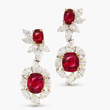 View full screen - View 1 of Lot 1806. Pair of Ruby and Diamond Pendent Earrings | 紅寶石 配 鑽石 耳墜一對.