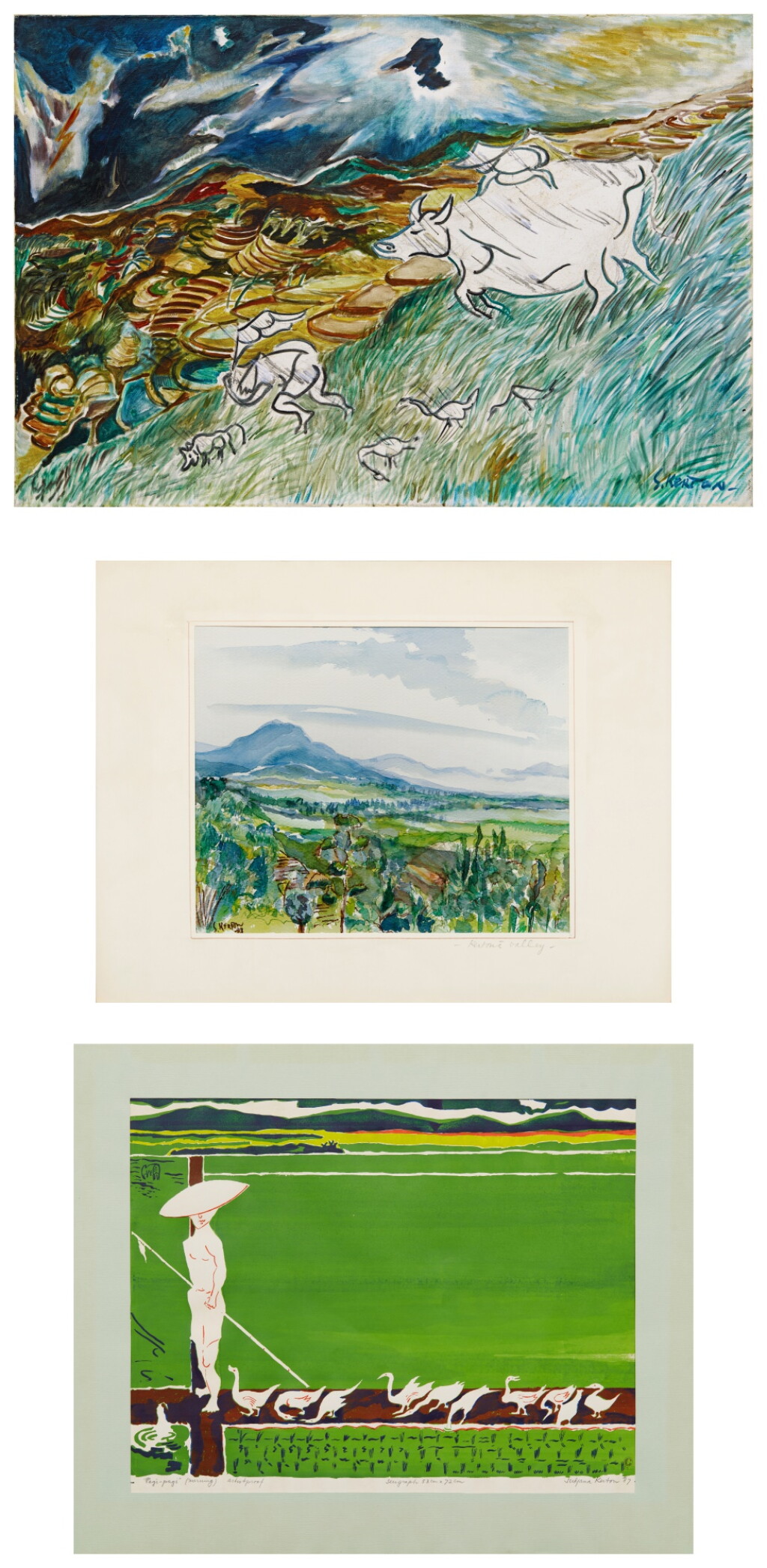 View full screen - View 1 of Lot 640. Sudjana Kerton 蘇加那・克爾頓 | i. Hujan Angin (Rainstorm), ii. Kerton's Valley, iii. Pagi-pagi (Morning) I. HUJAN ANGIN(暴雨), II. 克爾頓的山谷, III. PAGI-PAGI(清晨).