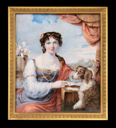 View full screen - View 1 of Lot 216. A large miniature on ivoiry representing a lady holding a letter with her dog, F. Noël, France, 1821 | Grande miniature sur ivoire représentant une femme tenant une lettre et son chien par F. Noël, France, 1821.