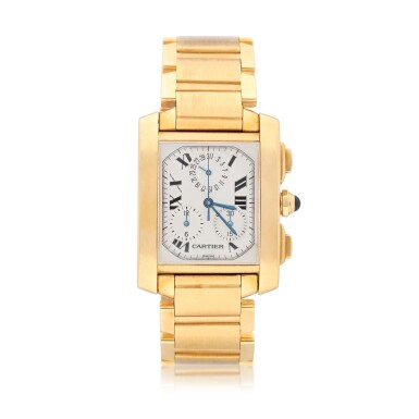 View full screen - View 1 of Lot 73. Tank Francaise, Ref. 1830 Yellow gold chronograph wristwatch with date and bracelet Circa 2000.