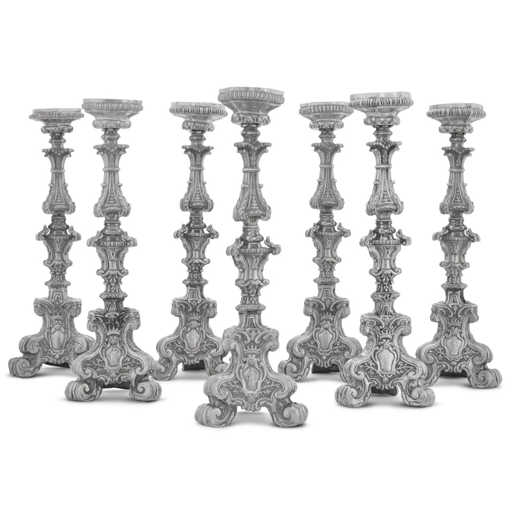 View full screen - View 1 of Lot 27. A set of seven large Sicilian silver candlesticks, maker's mark GS, Palermo, 1737.