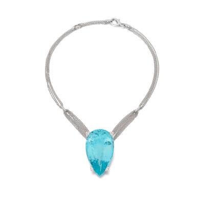 View full screen - View 1 of Lot 862. Aquamarine and diamond pendent necklace.