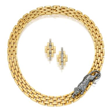 View full screen - View 1 of Lot 97. Cartier | Two-Color Gold and Emerald 'Maillon Panthère' Necklace and Pair of Earclips.