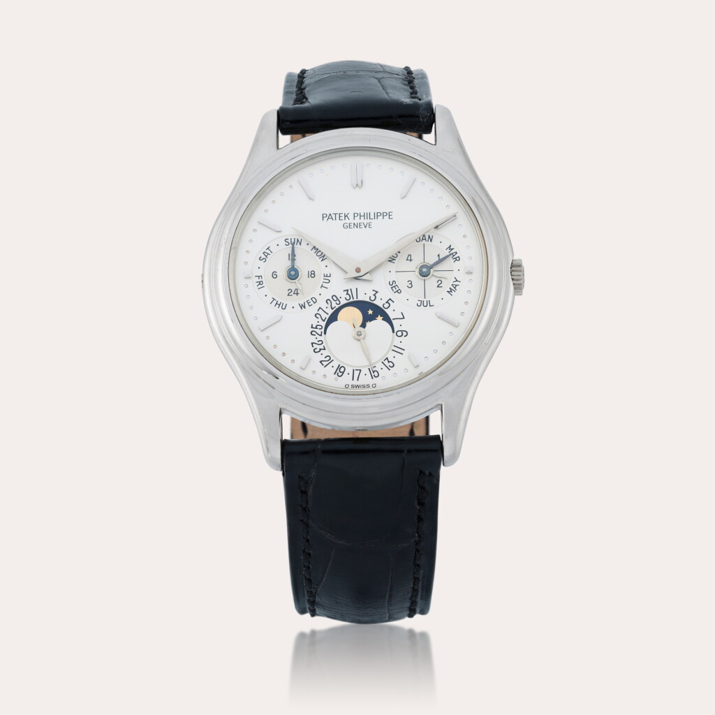 View full screen - View 1 of Lot 140. Reference 3940P | A platinum perpetual calendar wristwatch with moon phases, 24-hour and leap year indication | Circa 1988.