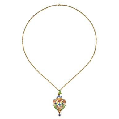 View full screen - View 1 of Lot 46. A Gold, Enamel, Sapphire and Seed Pearl Pendant-Necklace.