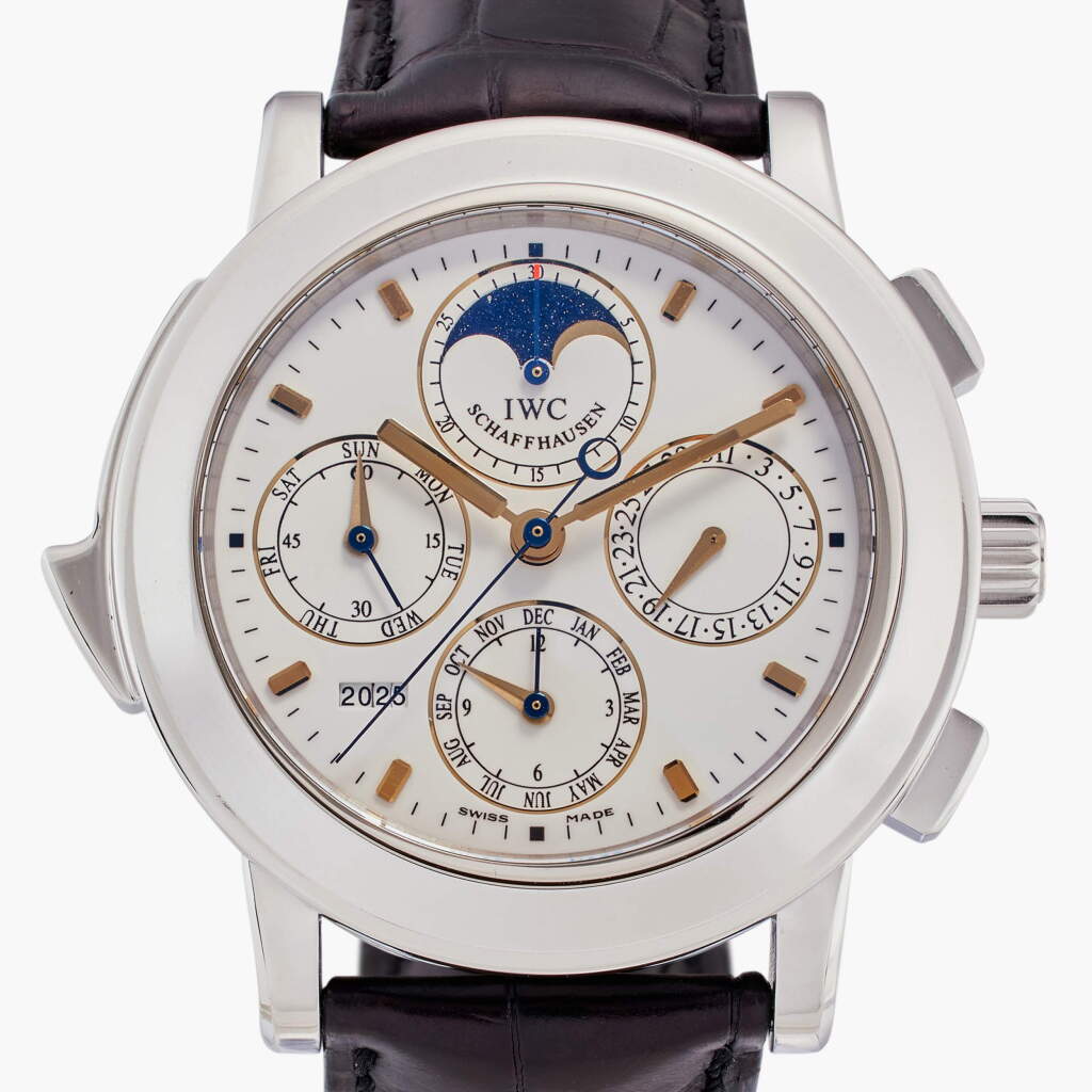 View full screen - View 1 of Lot 171. Reference IW3770-01 Grande Complication | A limited edition platinum automatic minute repeating perpetual calendar chronograph wristwatch with moon phases and year, Circa 1992.