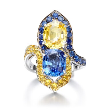 View full screen - View 1 of Lot 1025. White gold, blue, yellow and fancy sapphire ring, 'Entrelac' .