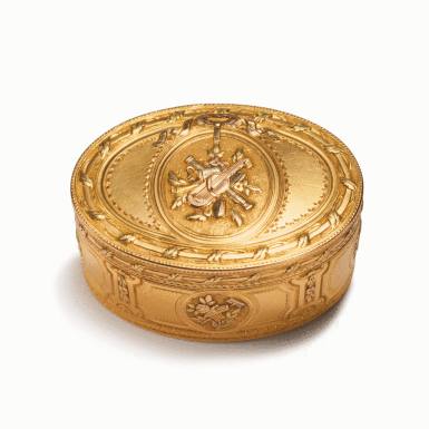 View full screen - View 1 of Lot 136. A Louis XV Vari-Color Gold Oval Snuff Box, Pierre-Francois Royer, Paris, 1769, with the Charge and Discharge of Julien Alaterre.