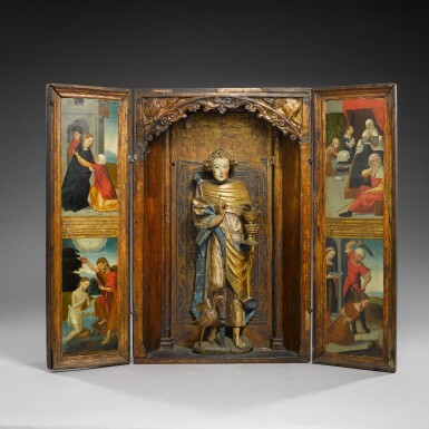 View full screen - View 1 of Lot 101. SOUTHERN NETHERLANDISH, PROBABLY MALINES, EARLY 16TH CENTURY | TRIPTYCH CENTRED BY A FIGURE OF SAINT JOHN THE EVANGELIST.