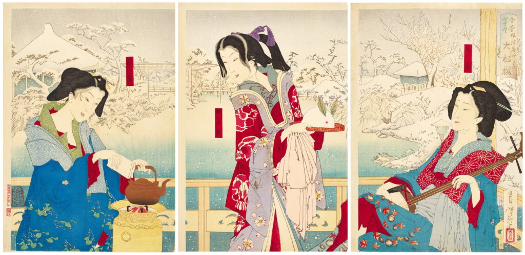 View full screen - View 1 of Lot 86. Tsukioka Yoshitoshi (1839-1891) | Winter: Daishoro, The Flower Pavillion at Nezu (Nezu hanayashiki Daishoro, fuyu) | Meiji period, late 19th century.