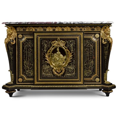 View full screen - View 1 of Lot 74. A French gilt-bronze mounted brass, tortoiseshell and ebony 'Boulle' marquetry cabinet, late 19th century.